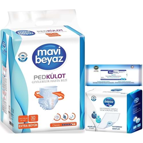 Mavi Beyaz Ped Emici Külot Yetişkin Bezi XL 30 Adet + Yatak Koruyucu 30 Adet + Temizleme Havlusu 1 Pk