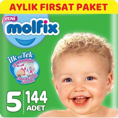 Molfix Bebek Bezi 5 Beden 11-18 KG Junior 144 Adet Aylık Fırsat Pk + 9 Adet Islak Havlu