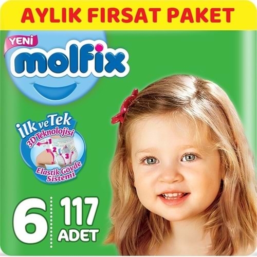 Molfix Bebek Bezi 6 Beden 15+ KG Extra Large 117 Adet Aylık Fırsat Pk + 9 Adet Islak Havlu