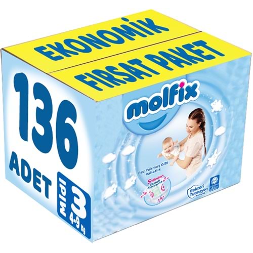 Molfix Bebek Bezi 3 Beden 4-9 KG Midi 136 Adet Ekonomik Fırsat Pk