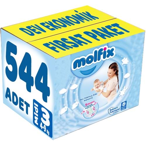Molfix Bebek Bezi 3 Beden 4-9 KG Midi 544 Adet Dev Ekonomik Fırsat Pk