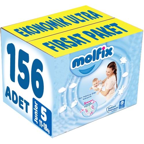Molfix Bebek Bezi 5 Beden 11-18 KG Junior 156 Adet Ekonomik Ultra Fırsat Pk