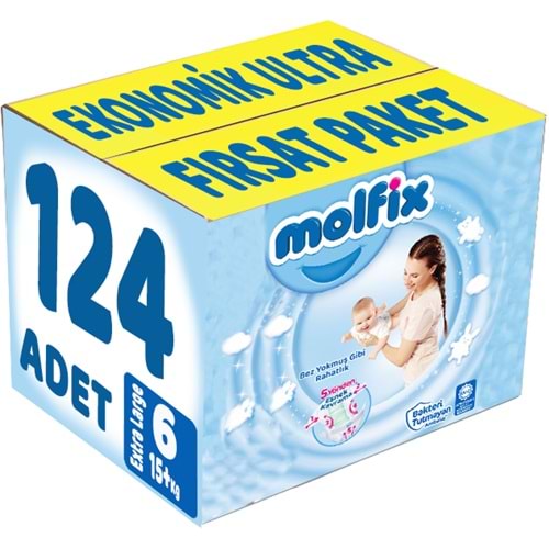 Molfix Bebek Bezi 6 Beden 15+ KG Extra Large 124 Adet Ekonomik Ultra Fırsat Pk