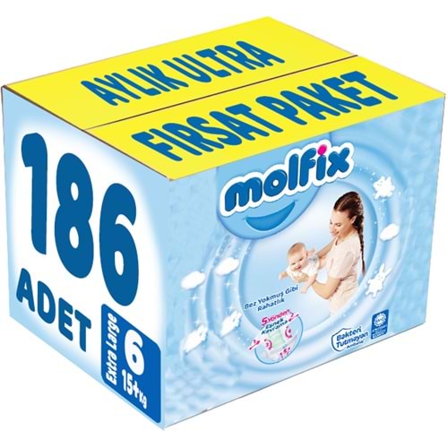 Molfix Bebek Bezi 6 Beden 15+ KG Extra Large 186 Adet Aylık Ultra Fırsat Pk