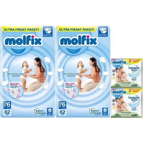 Molfix Bebek Bezi 6 Beden 15+ KG Extra Large 124 Adet Ekonomik Ultra Fırsat Pk+6 Adet Islak Mendil