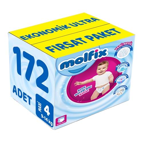 Molfix Külot Bebek Bezi 4 Beden 9-14 KG Maxi 172 Adet Ekonomik Ultra Fırsat Pk