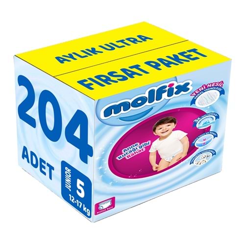 Molfix Külot Bebek Bezi 5 Beden 12-17 KG Junior 204 Adet Aylık Ultra Fırsat Pk