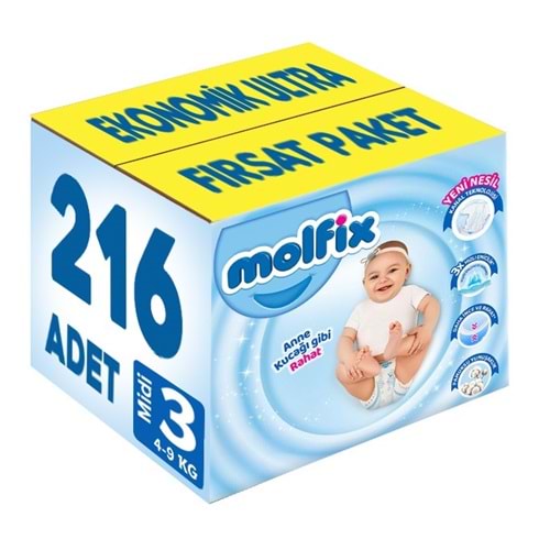 Molfix Bebek Bezi 3 Beden 4-9 KG Midi 216 Adet Ekonomik Ultra Fırsat Pk