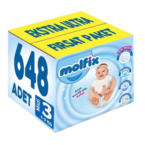 Molfix Bebek Bezi 3 Beden 4-9 KG Midi 648 Adet Ekstra Ultra Fırsat Pk