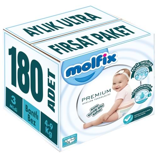 Molfix Premium Bebek Bezi 3 Beden 4-9 KG Midi 180 Adet Aylık Ultra Fırsat Pk