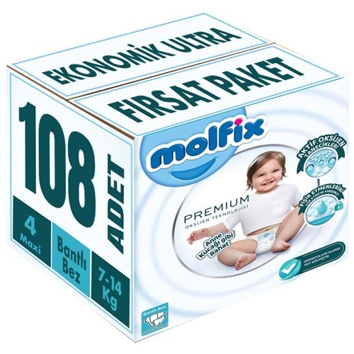 Molfix Premium Bebek Bezi 4 Beden 7-14 KG Maxi 108 Adet Ekonomik Ultra Fırsat Pk
