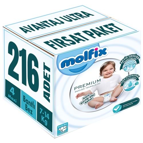 Molfix Premium Bebek Bezi 4 Beden 7-14 KG Maxi 216 Adet Avantaj Ultra Fırsat Pk