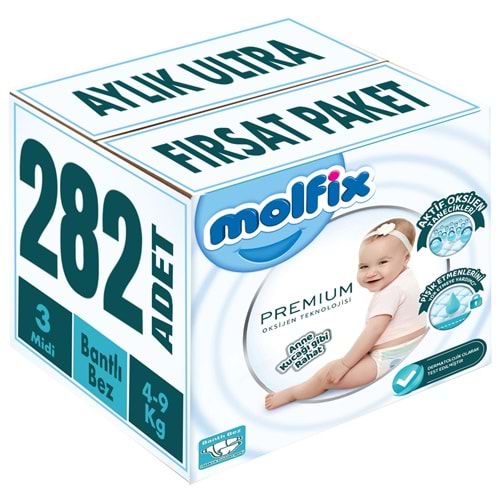 Molfix Premium Bebek Bezi 3 Beden 4-9 KG Midi 282 Adet Aylık Ultra Fırsat Pk
