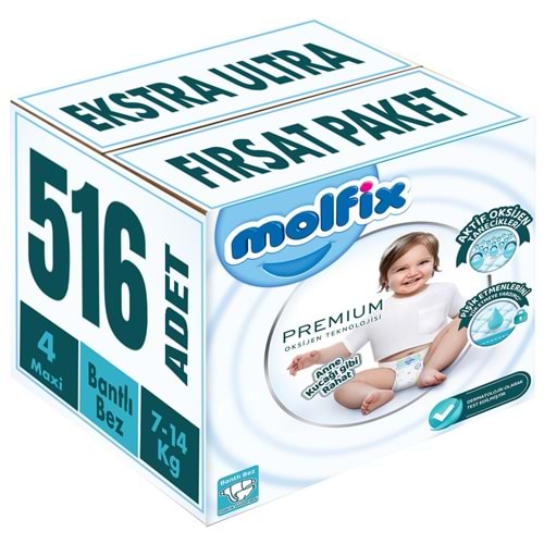 Molfix Premium Bebek Bezi 4 Beden 7-14 KG Maxi 516 Adet Ekstra Ultra Fırsat Pk