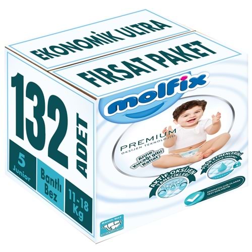 Molfix Premium Bebek Bezi 5 Beden 11-18 KG Junior 132 Adet Ekonomik Ultra Fırsat Pk
