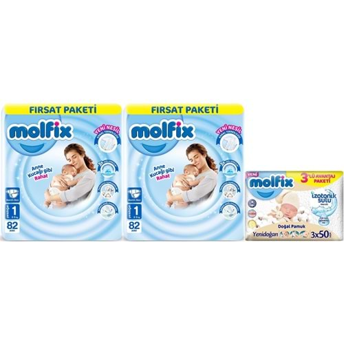 Molfix Bebek Bezi 1 Beden 2-5 KG Yeni Doğan 164 Adet Ekonomik Fırsat Pk + 3 Adet Islak Mendil