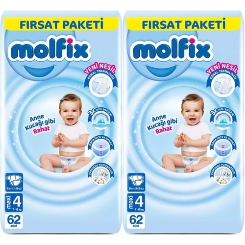 Molfix Bebek Bezi 4 Beden 7-14 KG Maxi 124 Adet Ekonomik Fırsat Pk