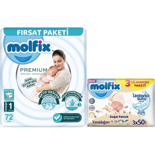 Molfix Premium Bebek Bezi 1 Beden 2-5 KG Yeni Doğan 72 Adet Fırsat Pk + 3 Adet Islak Mendil