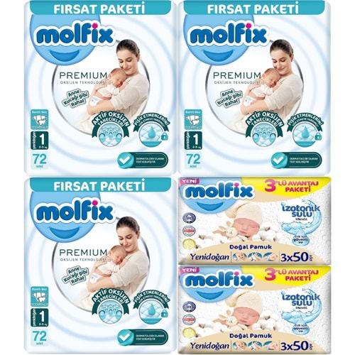 Molfix Premium Bebek Bezi 1 Beden 2-5 KG Yeni Doğan 216 Ad Aylık Ultra Fırsat Pk+ 6 Ad Islak Mendil