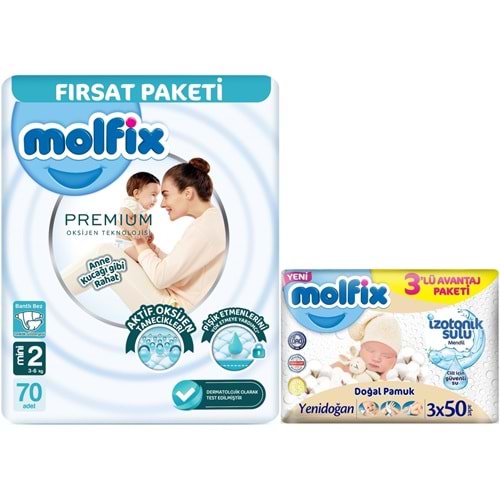 Molfix Premium Bebek Bezi 2 Beden 3-6 KG Mini 70 Adet Fırsat Pk + 3 Adet Islak Mendil