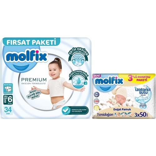 Molfix Premium Bebek Bezi 6 Beden 15+ KG Extra Large 34 Adet Fırsat Pk + 3 Adet Islak Mendil