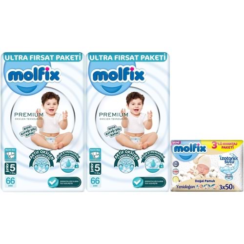 Molfix Premium Bebek Bezi 5 Beden 11-18 KG Junior 132 Adet Ultra Fırsat Pk + 3 Adet Islak Mendil