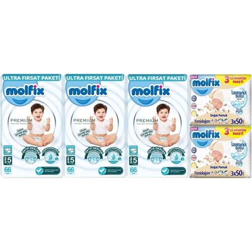 Molfix Premium Bebek Bezi 5 Beden 11-18 KG Junior 198 Adet Ultra Fırsat Pk + 6 Adet Islak Mendil