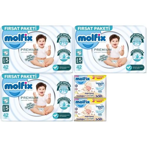 Molfix Premium Bebek Bezi 5 Beden 11-18 KG Junior 126 Adet Fırsat Pk + 6 Adet Islak Mendil