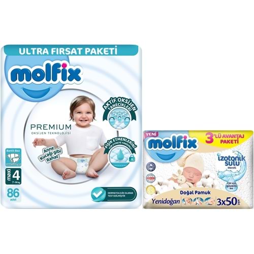 Molfix Premium Bebek Bezi 4 Beden 7-14 KG Maxi 86 Adet Ultra Fırsat Pk + 3 Adet Islak Mendil
