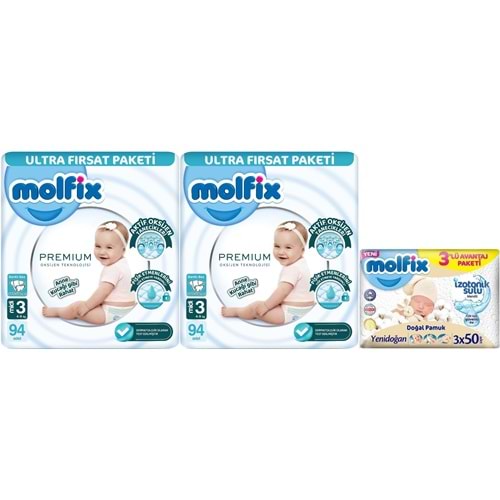 Molfix Premium Bebek Bezi 3 Beden 4-9 KG Midi 188 Adet Ultra Fırsat Pk + 3 Adet Islak Mendil