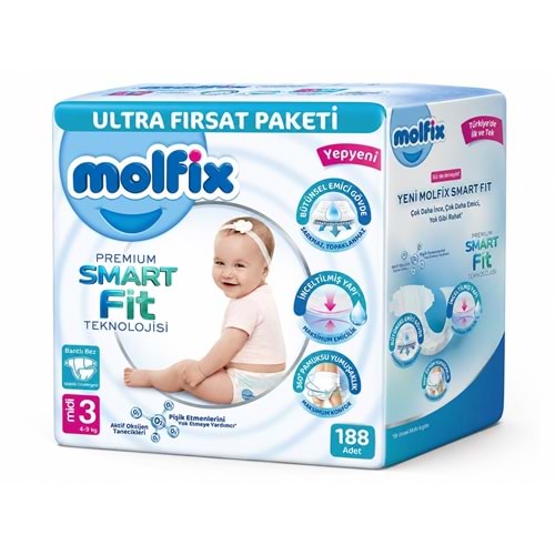 Molfix Premium Smart Fit Bebek Bezi 3 Beden 4-9 KG Midi 188 Adet Ekonomik Ultra Fırsat Pk