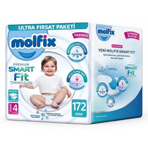 Molfix Premium Smart Fit Bebek Bezi 4 Beden 7-14 KG Maxi 172 Adet Ekonomik Ultra Fırsat Pk