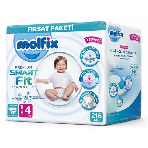 Molfix Premium Smart Fit Bebek Bezi 4 Beden 7-14 KG Maxi 216 Adet Avantaj Fırsat Pk