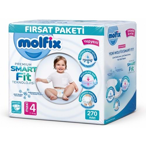Molfix Premium Smart Fit Bebek Bezi 4 Beden 7-14 KG Maxi 270 Adet Mega Fırsat Pk