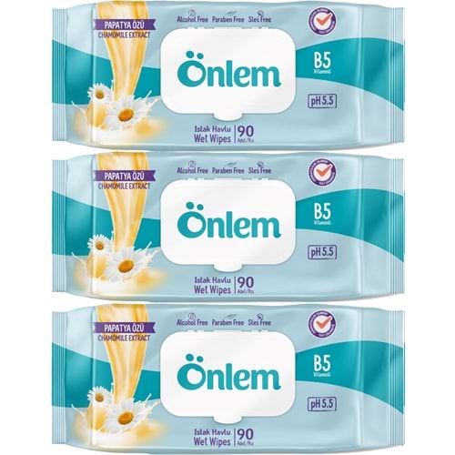 Önlem Islak Havlu Mendil 90 Yaprak Papatya Özü (3 Lü Set) Plastik Kapaklı 270 Yaprak