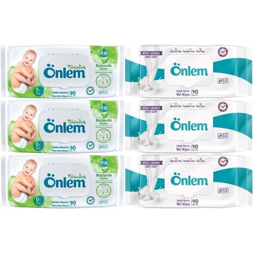 Önlem Islak Havlu Mendil 90 Yaprak Karma Botanika Özlü/Beyaz Sabunlu (6 Lı Set) Pls Kapak 540 Yprk