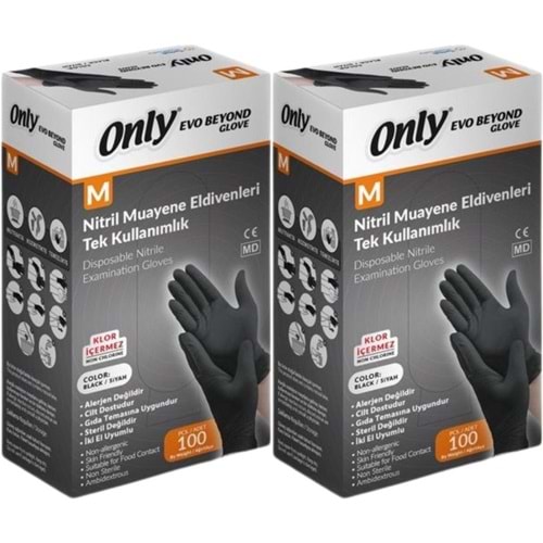 Only Evo Beyond Glove Nitril Siyah Pudrasız Muayene Eldiveni 200 Lü Set M - Medium - Orta (2PK*100)