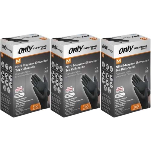 Only Evo Beyond Glove Nitril Siyah Pudrasız Muayene Eldiveni 300 Lü Set M - Medium - Orta (3PK*100)