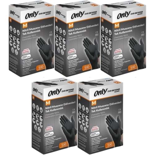 Only Evo Beyond Glove Nitril Siyah Pudrasız Muayene Eldiveni 500 Lü Set M - Medium - Orta (5PK*100)