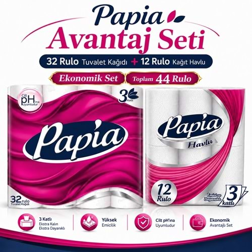 Papia Tuvalet Kağıdı (3 Katlı) 32 Li Pk + 12 Li Paket Kağıt Havlu Klasik (3 Katlı)