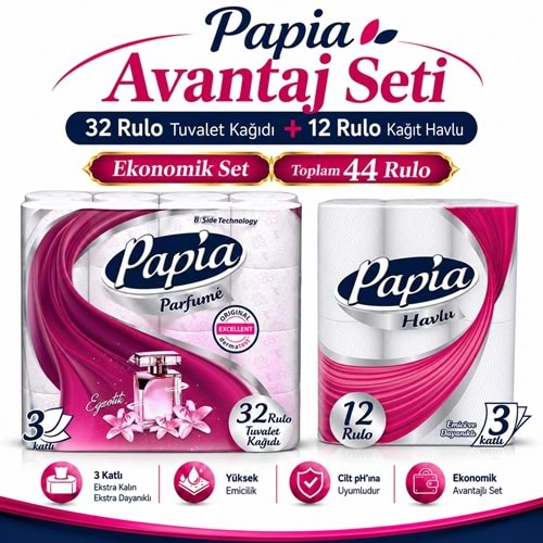Papia Tuvalet Kağıdı (3 Katlı) 32 Li Pk Egzotik Parfümlü + 12 Li Paket Kağıt Havlu Klasik (3 Katlı)