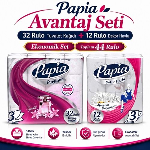 Papia Tuvalet Kağıdı (3 Katlı) 32 Li Pk Egzotik Parfümlü + 12 Li Paket Kağıt Havlu Decor Desenli