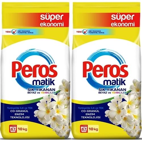 Peros Matik Toz Çamaşır Deterjanı 20KG Yasemin Çiçeği (Beyaz ve Renkliler) (134 Yıkama) (2PK*10KG)