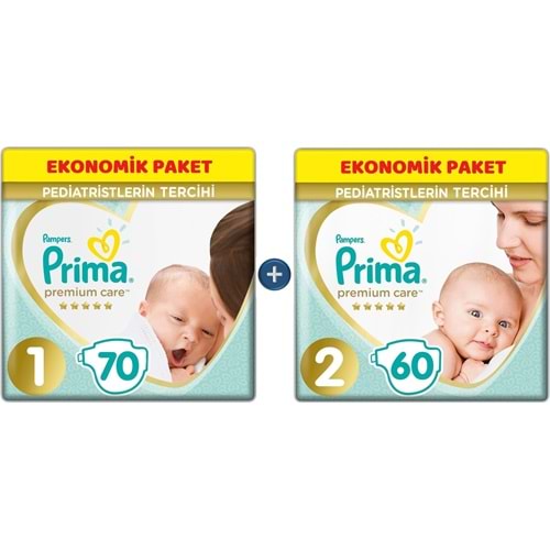 Prima Premium Care Bebek Bezi 1 Beden + 2 Beden 130 Adet Yeni Doğan Seti Ekonomik Pk