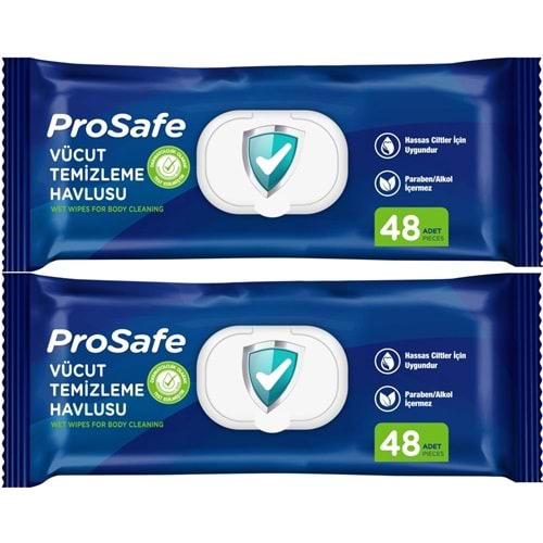 Prosafe Yetişkin Vücut Temizleme Islak Mendil Havlu 48 Yaprak XL (2 Li Set) Plastik Kapak