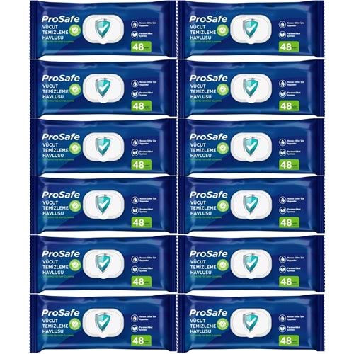 Prosafe Yetişkin Vücut Temizleme Islak Mendil Havlu 48 Yaprak XL (12 Li Set) Plastik Kapak