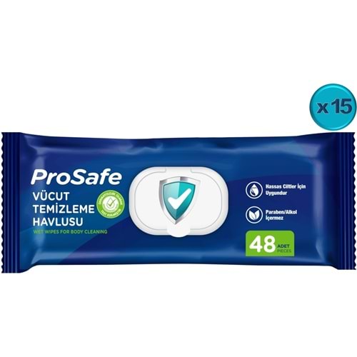 Prosafe Yetişkin Vücut Temizleme Islak Mendil Havlu 48 Yaprak XL (15 Li Set) Plastik Kapak