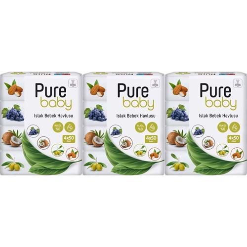 Pure Baby Wipes Islak Havlu Mendil 50 Yaprak 12 Li Set (600 Yaprak) (Meyveli)