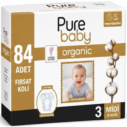 Pure Baby Organik Bebek Bezi 3 Beden 4-10 KG Midi 84 Adet Aylık Fırsat Pk