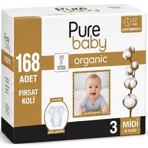 Pure Baby Organik Bebek Bezi 3 Beden 4-10 KG Midi 168 Adet Ekstra Fırsat Pk